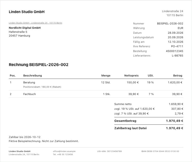 Echte Arbeon-Produktansicht: Positionen, Steuern und Zahlbetrag einer Beispielrechnung.