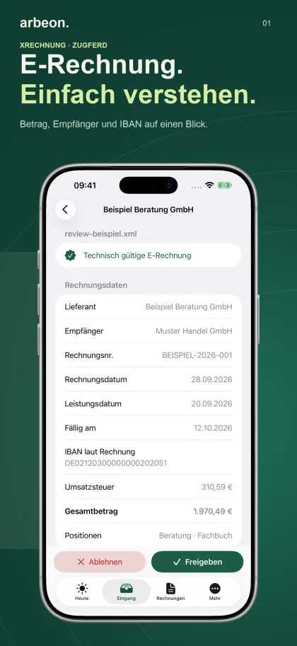 Vorschau der Arbeon-iPhone-App: Rechnungsdaten und die Aktionen Ablehnen und Freigeben an einer fiktiven Rechnung.